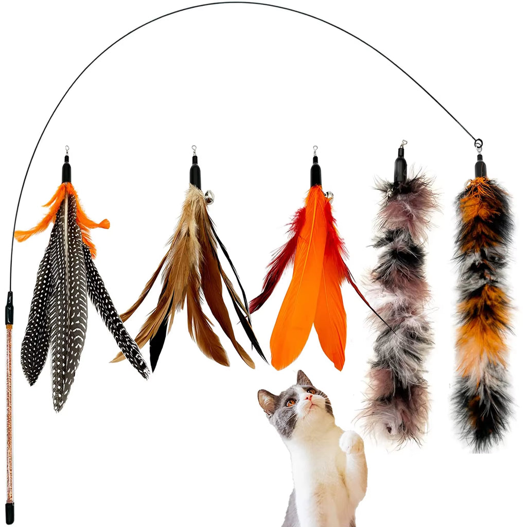Cat Wand and Toy Feather Toy, Interactive Cat Toy, Fuzzy Wand and Feathers, Teaser Refills, 1 PC, 8 Pcs