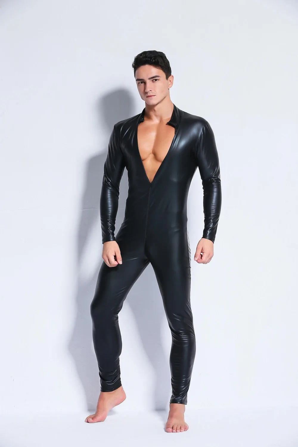 Men'S Wetlook Faux Leather One Piece Skin Bodysuit 2020 Sexy Open Crotch Tights Catsuit Zentai Suit Male Fetish Costume Clubwear