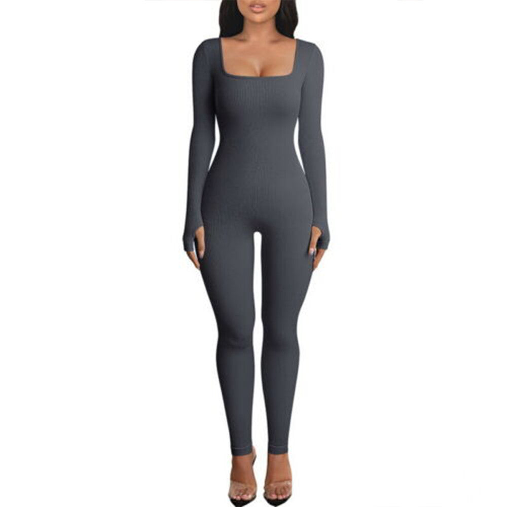 Women Ladies Yoga Jumpsuit Sports Romper Long Sleeve Square Neck Playsuit Ribbed