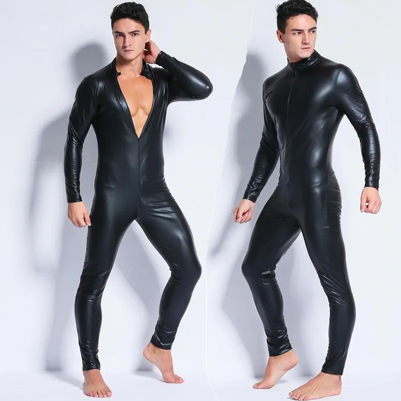 Men'S Wetlook Faux Leather One Piece Skin Bodysuit 2020 Sexy Open Crotch Tights Catsuit Zentai Suit Male Fetish Costume Clubwear
