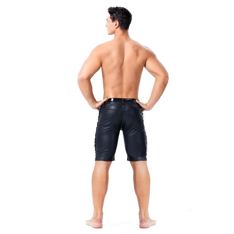 Mens Black Stretchy Tights Pants Faux Leather Sexy Skinny Trousers Latex Slim Fit Pants Stage Performance Night Club Dance Pants