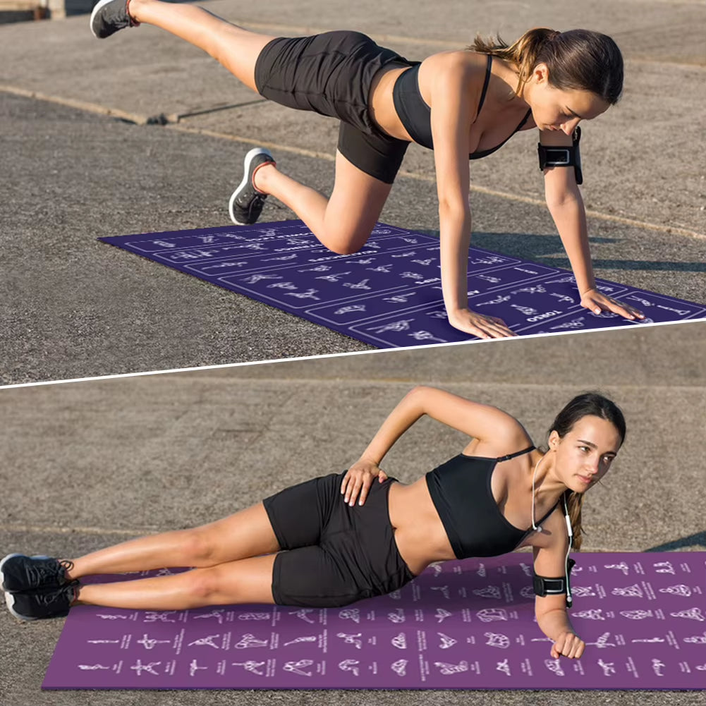Instructional Yoga Mat with Carrying Strap & Bag Illustrated Yoga Poses Mat for Women and Men Wear Resist Travel Fitness Mat