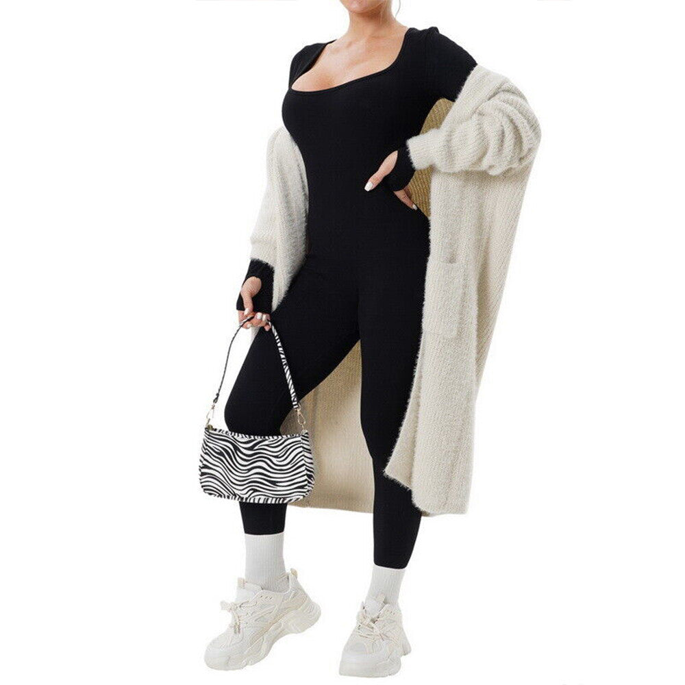 Women Ladies Yoga Jumpsuit Sports Romper Long Sleeve Square Neck Playsuit Ribbed
