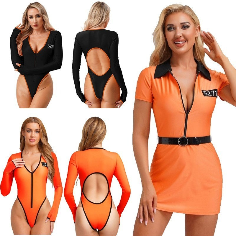 UK Women'S Prisoner Costumes Convict Dress Prison Halloween Cosplay Jail Uniform