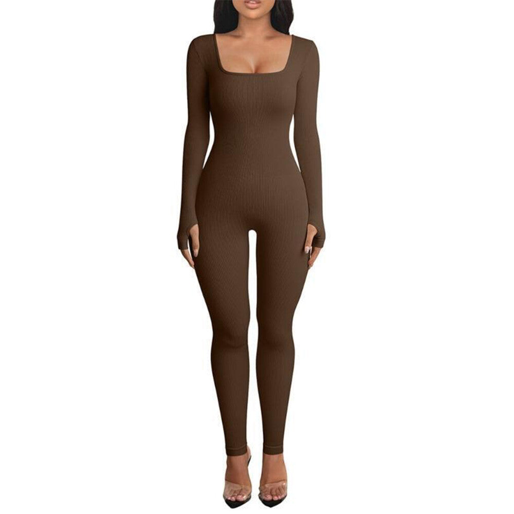Women Ladies Yoga Jumpsuit Sports Romper Long Sleeve Square Neck Playsuit Ribbed