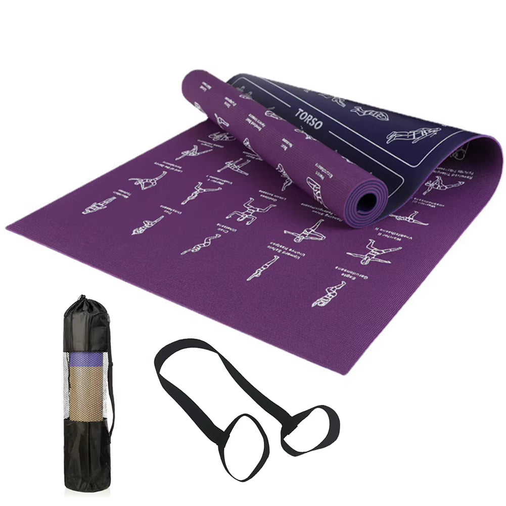 Instructional Yoga Mat with Carrying Strap & Bag Illustrated Yoga Poses Mat for Women and Men Wear Resist Travel Fitness Mat