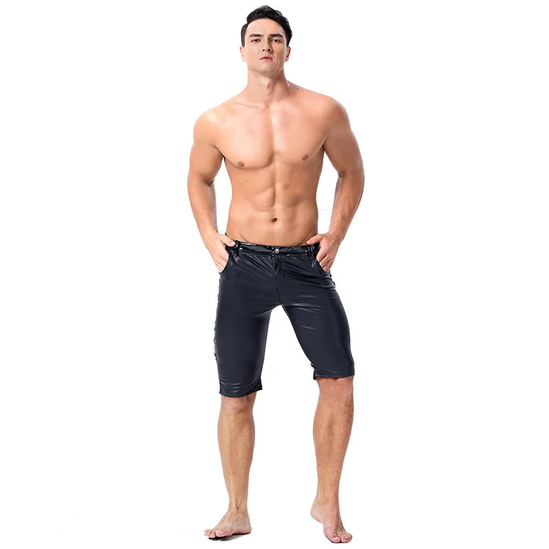 Mens Black Stretchy Tights Pants Faux Leather Sexy Skinny Trousers Latex Slim Fit Pants Stage Performance Night Club Dance Pants