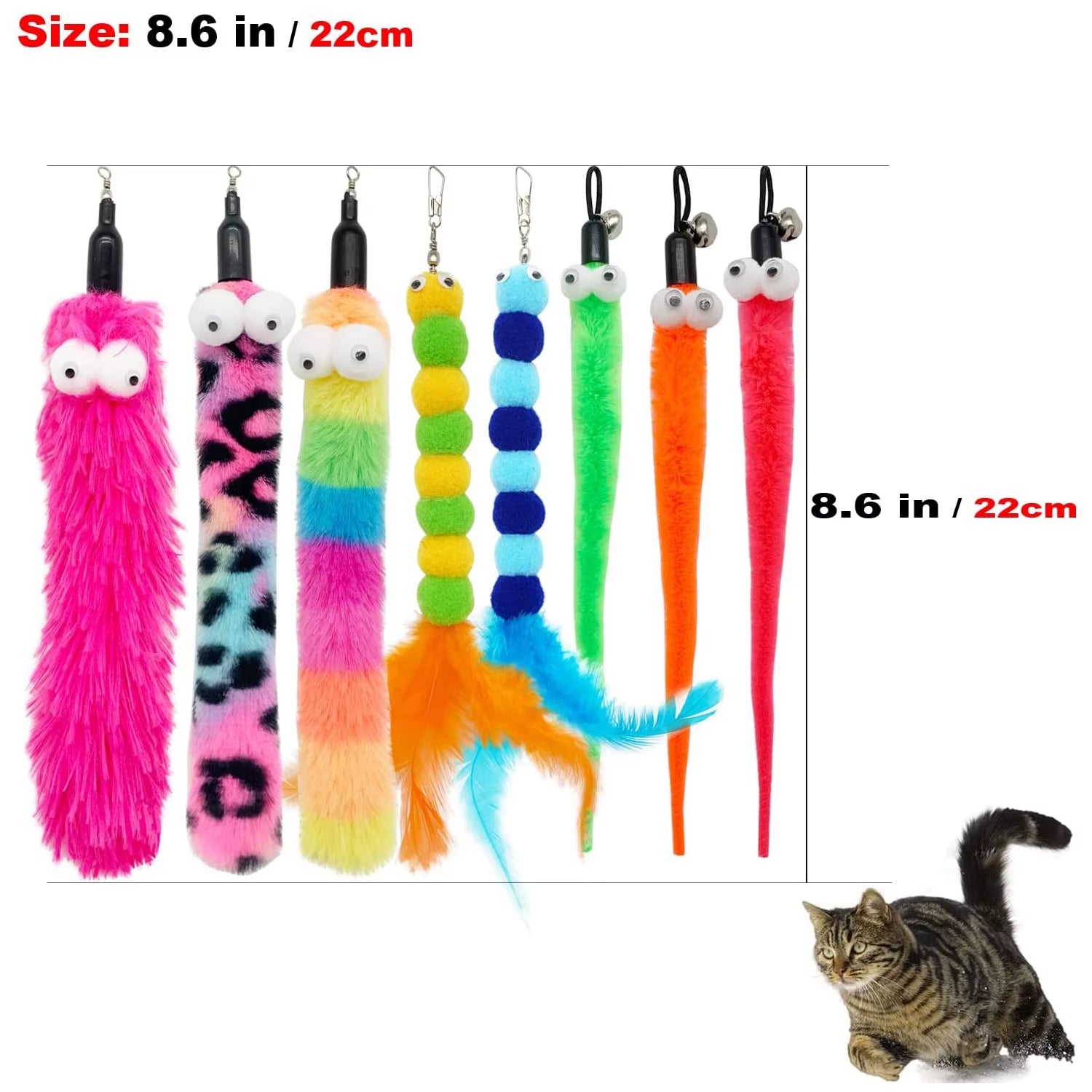 Cat Wand and Toy Feather Toy, Interactive Cat Toy, Fuzzy Wand and Feathers, Teaser Refills, 1 PC, 8 Pcs
