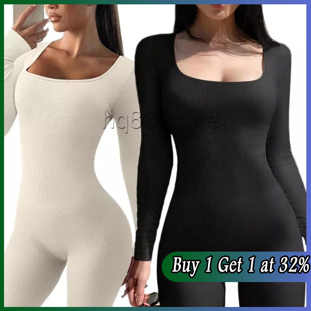 Women Ladies Yoga Jumpsuit Sports Romper Long Sleeve Square Neck Playsuit Ribbed
