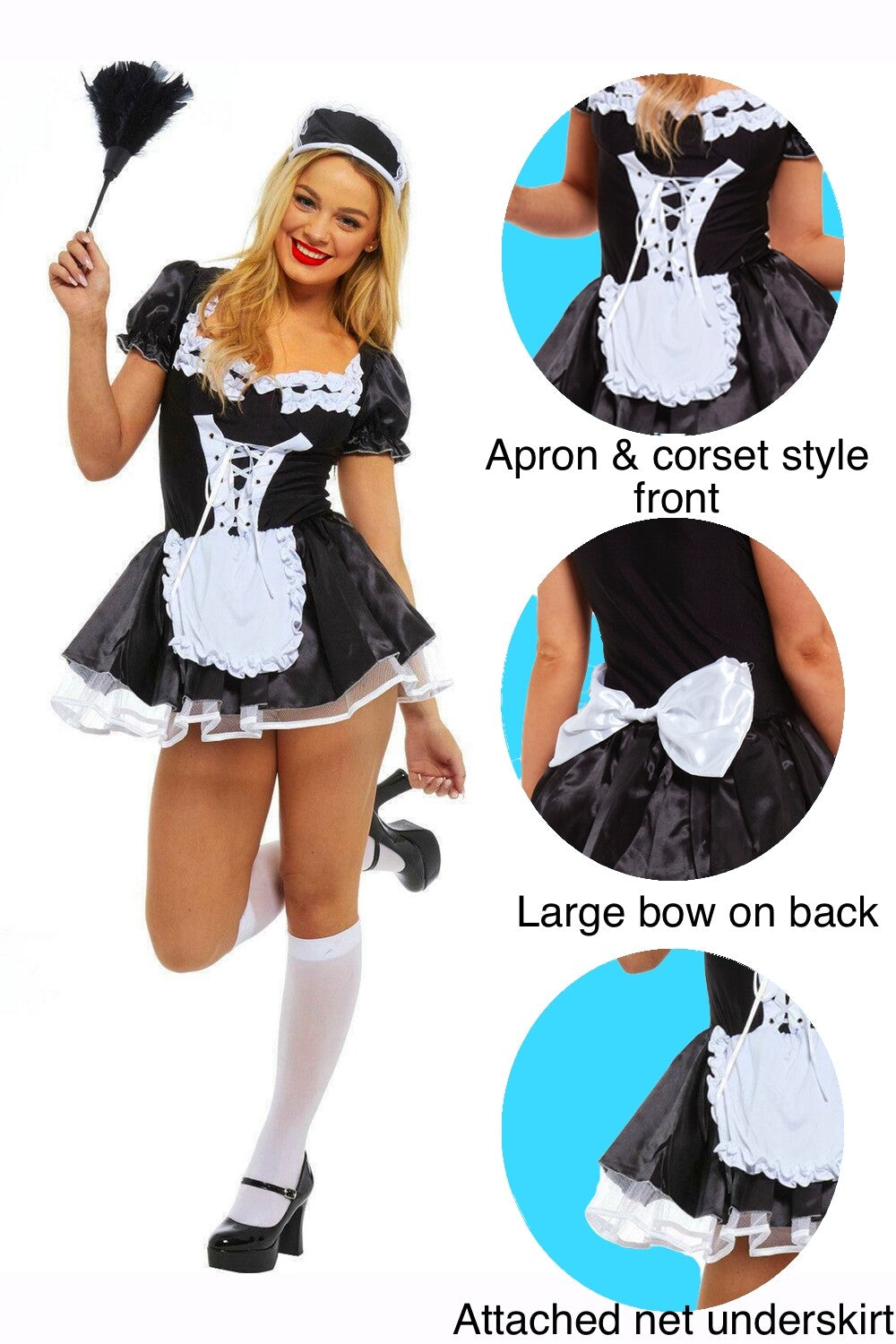Women French Maid Fancy Dress Costume Outfit Horror Party Rocky Duster LOT