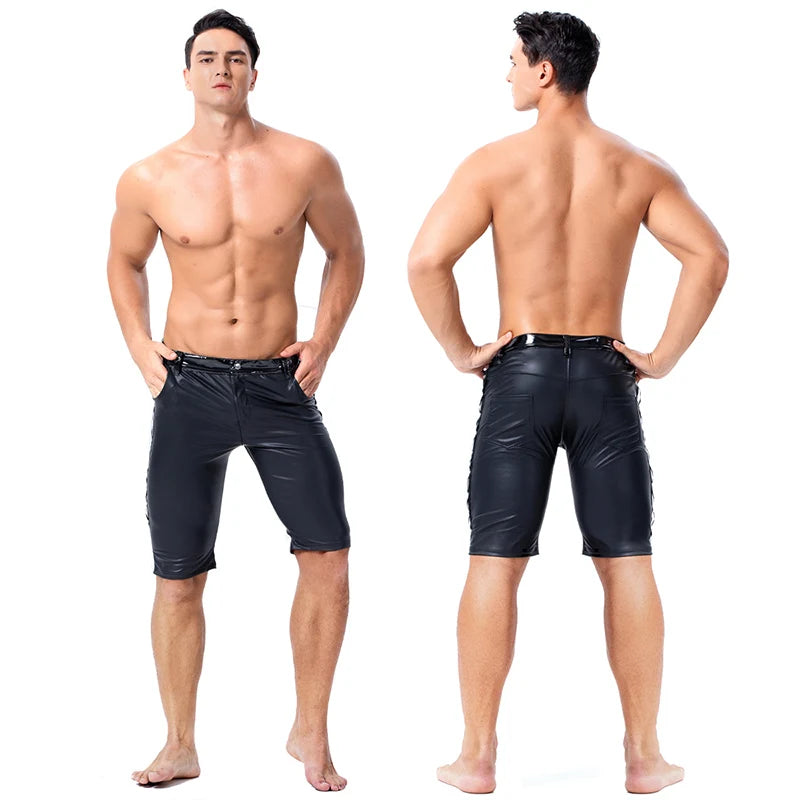 Mens Black Stretchy Tights Pants Faux Leather Sexy Skinny Trousers Latex Slim Fit Pants Stage Performance Night Club Dance Pants