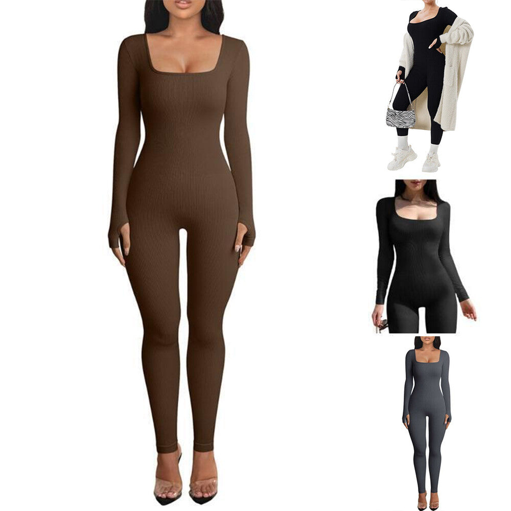 Women Ladies Yoga Jumpsuit Sports Romper Long Sleeve Square Neck Playsuit Ribbed