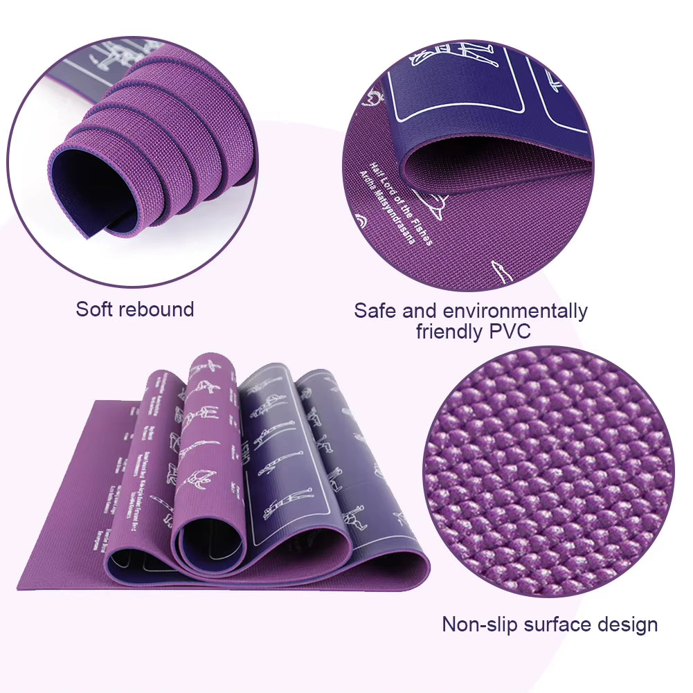 Instructional Yoga Mat with Carrying Strap & Bag Illustrated Yoga Poses Mat for Women and Men Wear Resist Travel Fitness Mat