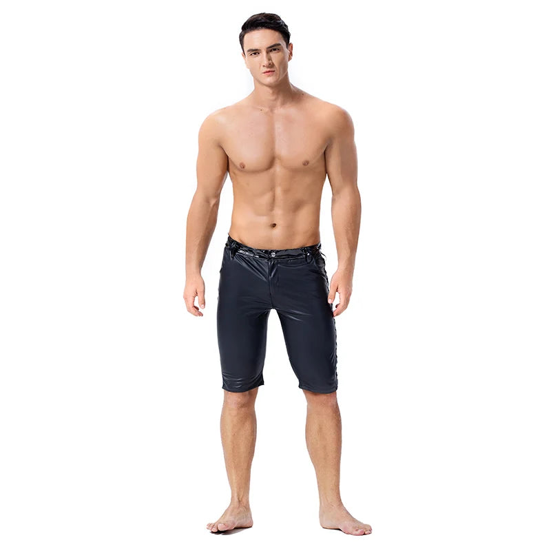 Mens Black Stretchy Tights Pants Faux Leather Sexy Skinny Trousers Latex Slim Fit Pants Stage Performance Night Club Dance Pants