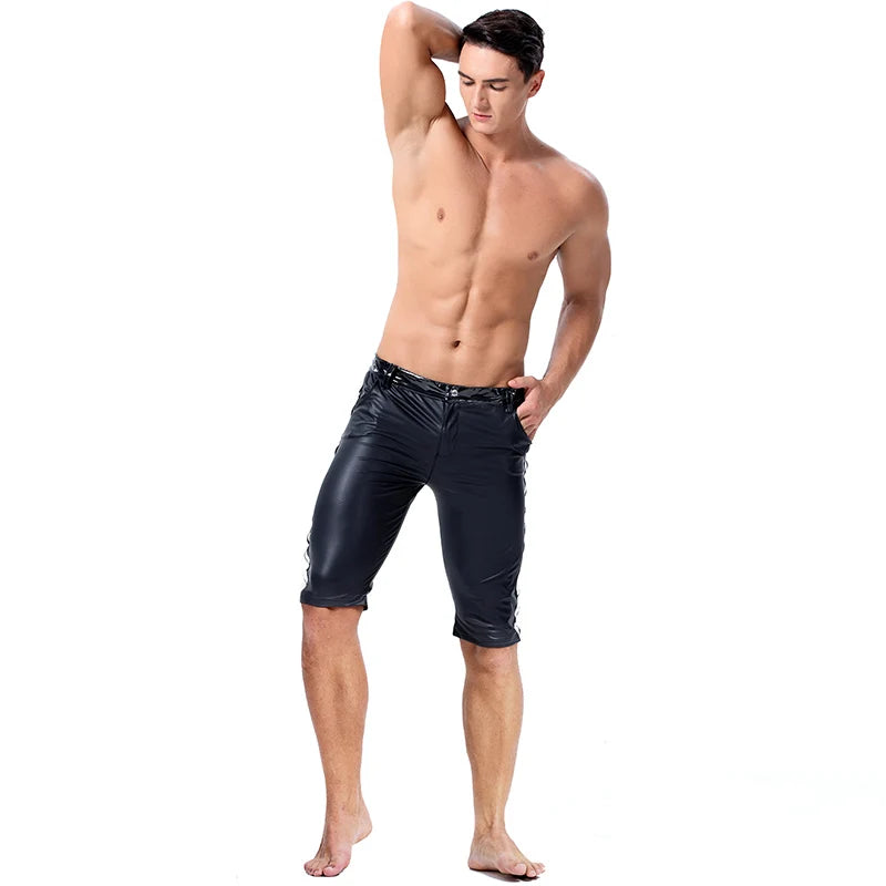 Mens Black Stretchy Tights Pants Faux Leather Sexy Skinny Trousers Latex Slim Fit Pants Stage Performance Night Club Dance Pants