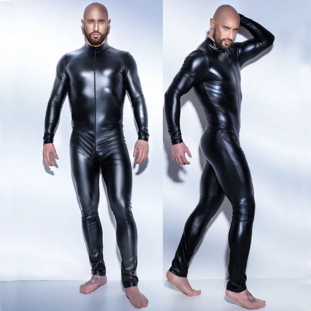 Men'S Wetlook Faux Leather One Piece Skin Bodysuit 2020 Sexy Open Crotch Tights Catsuit Zentai Suit Male Fetish Costume Clubwear