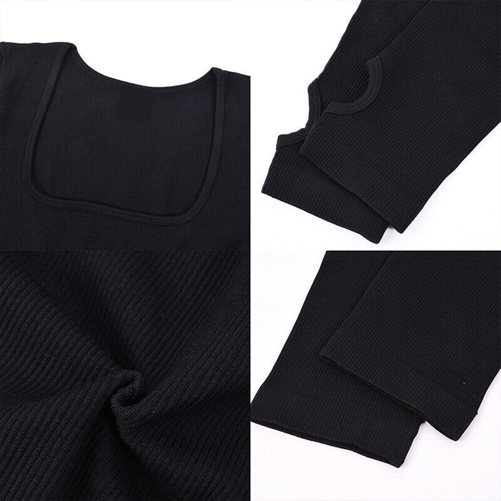 Women Ladies Yoga Jumpsuit Sports Romper Long Sleeve Square Neck Playsuit Ribbed