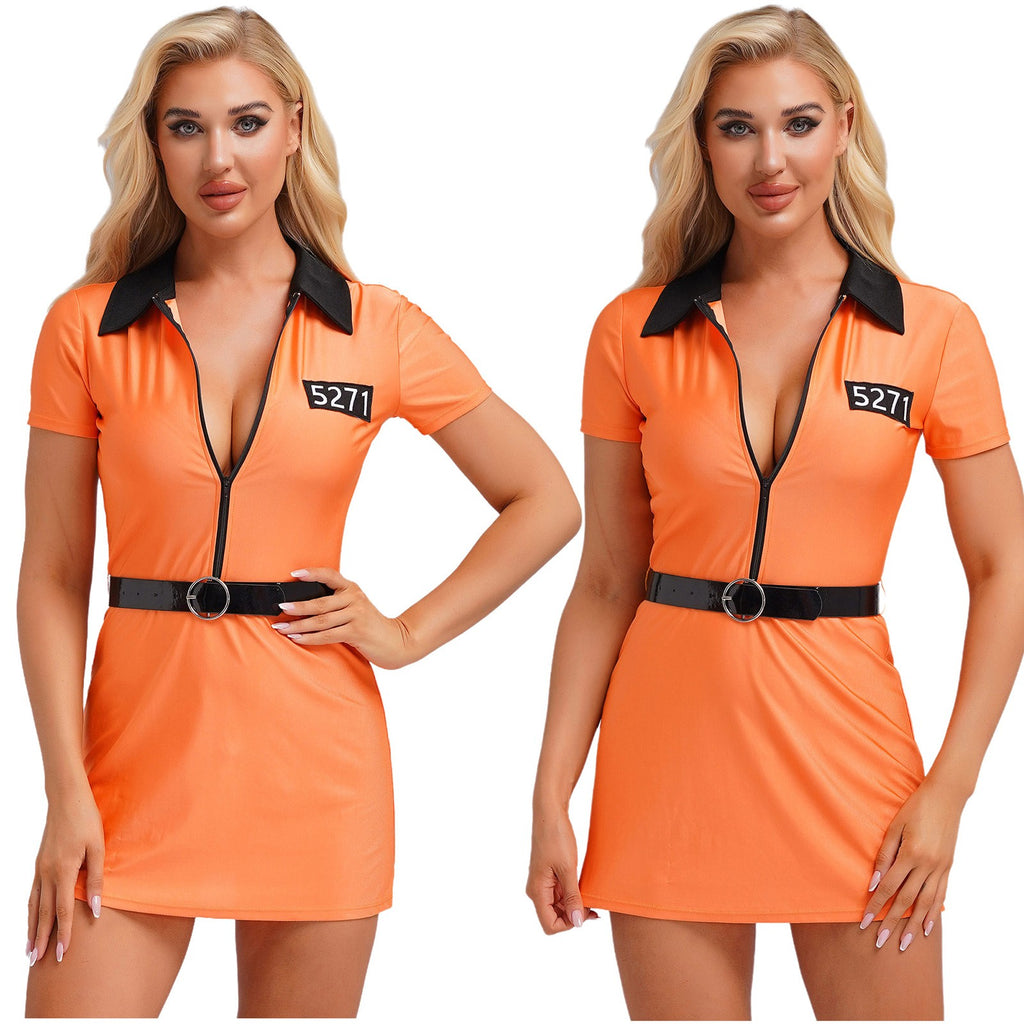 UK Women'S Prisoner Costumes Convict Dress Prison Halloween Cosplay Jail Uniform