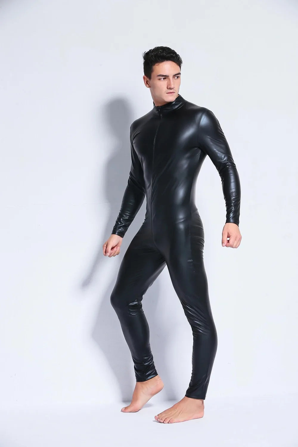 Men'S Wetlook Faux Leather One Piece Skin Bodysuit 2020 Sexy Open Crotch Tights Catsuit Zentai Suit Male Fetish Costume Clubwear