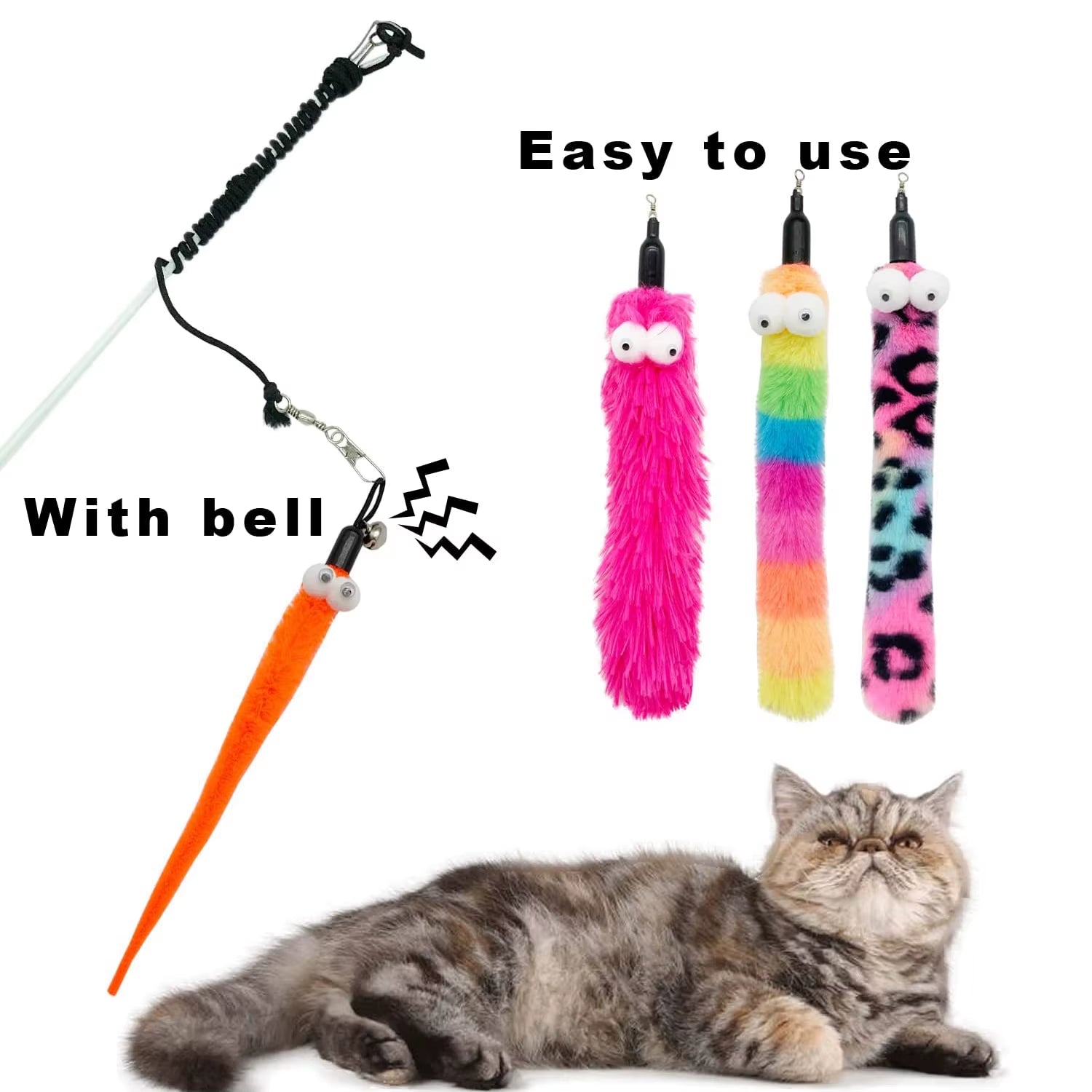 Cat Wand and Toy Feather Toy, Interactive Cat Toy, Fuzzy Wand and Feathers, Teaser Refills, 1 PC, 8 Pcs