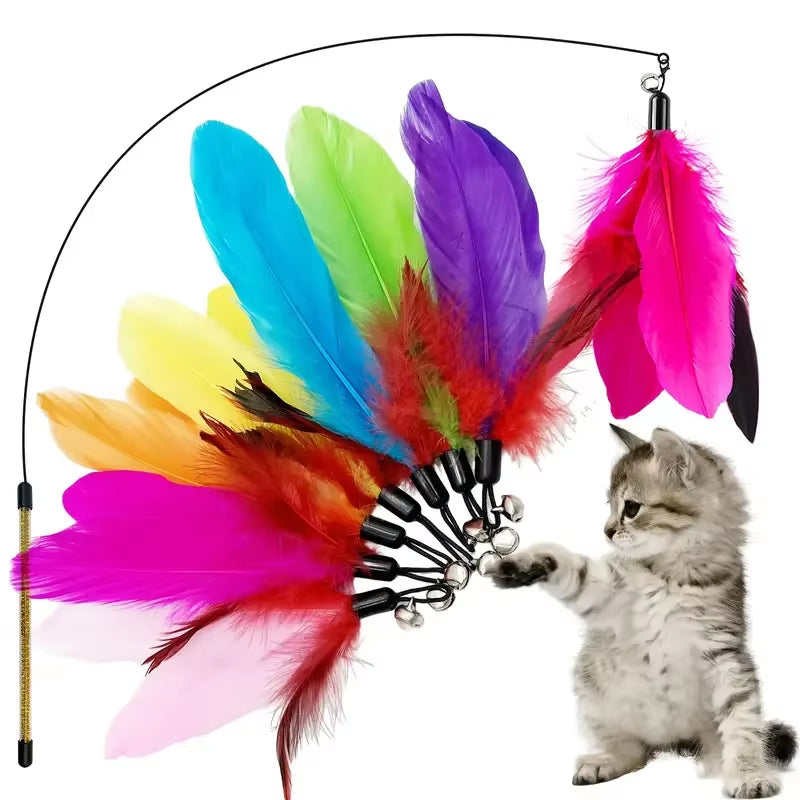 Cat Wand and Toy Feather Toy, Interactive Cat Toy, Fuzzy Wand and Feathers, Teaser Refills, 1 PC, 8 Pcs