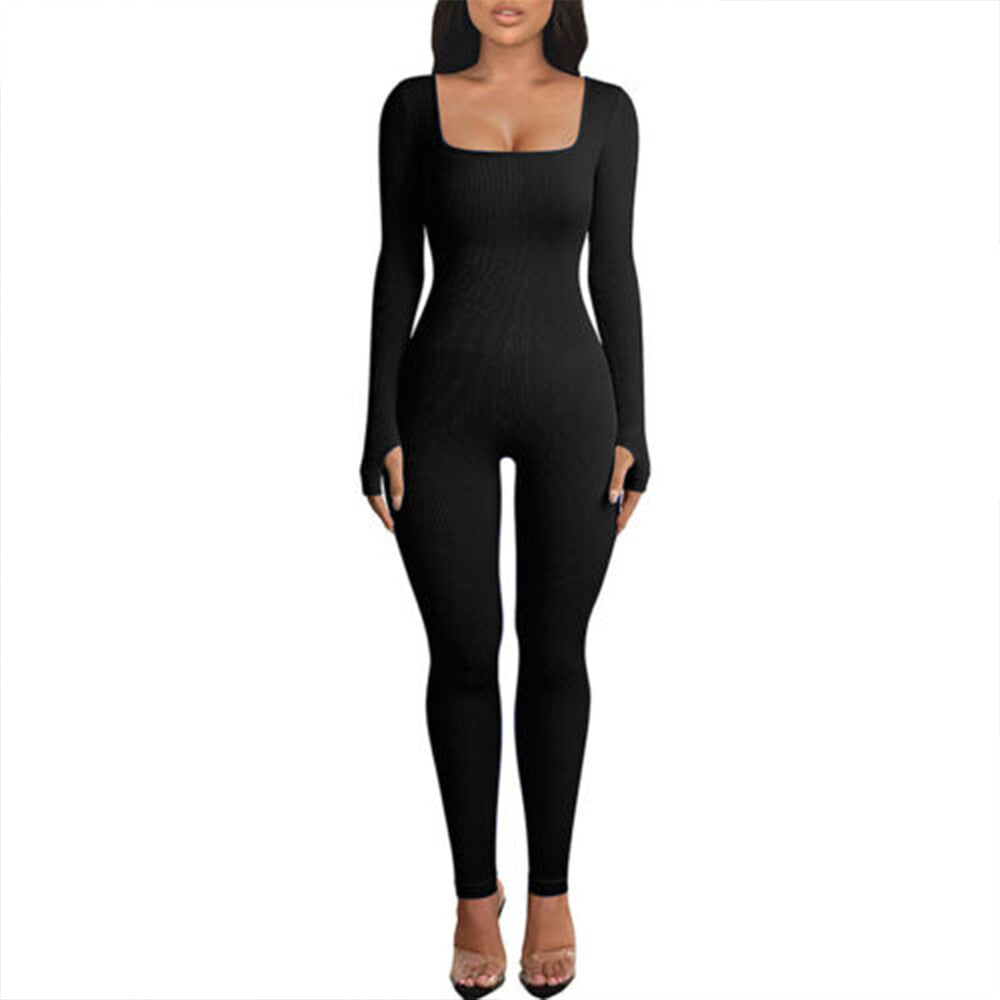 Women Ladies Yoga Jumpsuit Sports Romper Long Sleeve Square Neck Playsuit Ribbed